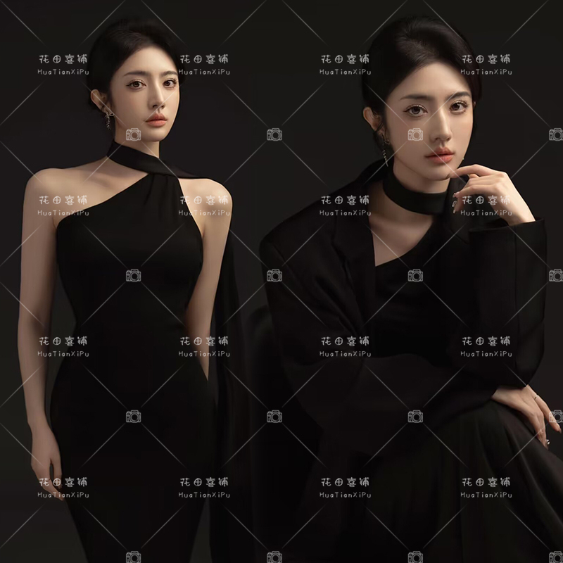 Photo Studio's New Elegant and High-End Black Suit Dress for Personal Image Photos, Portrait-Themed Art Photography Clothing
