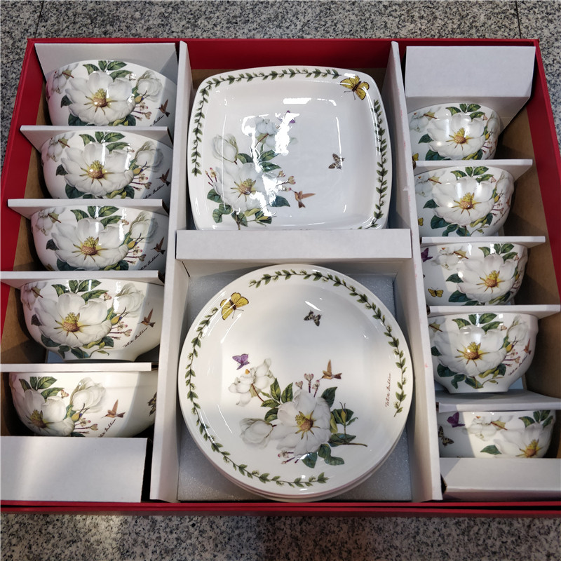 Korean rose flower series tableware set 18 gift box thick and small rice bowl Medium bowl disc square plate