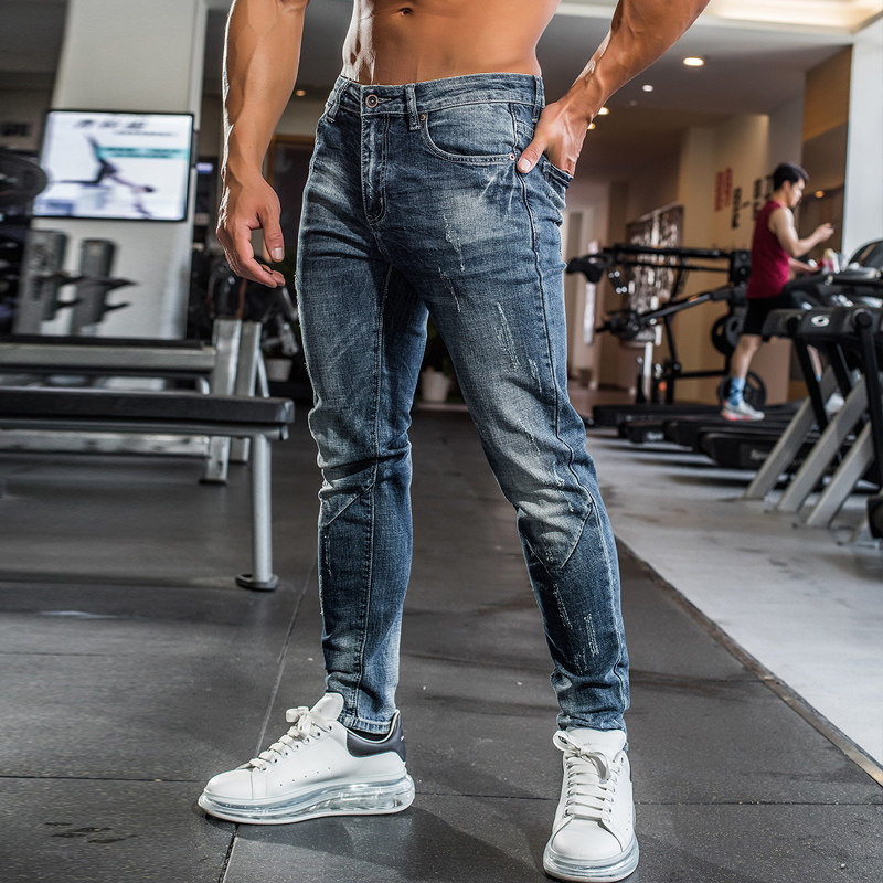 Iron Wolf Sports Fitness Jeans Men's Autumn Winter Elastic Breathable Sweat muscles Training Leisure narrow footed pants