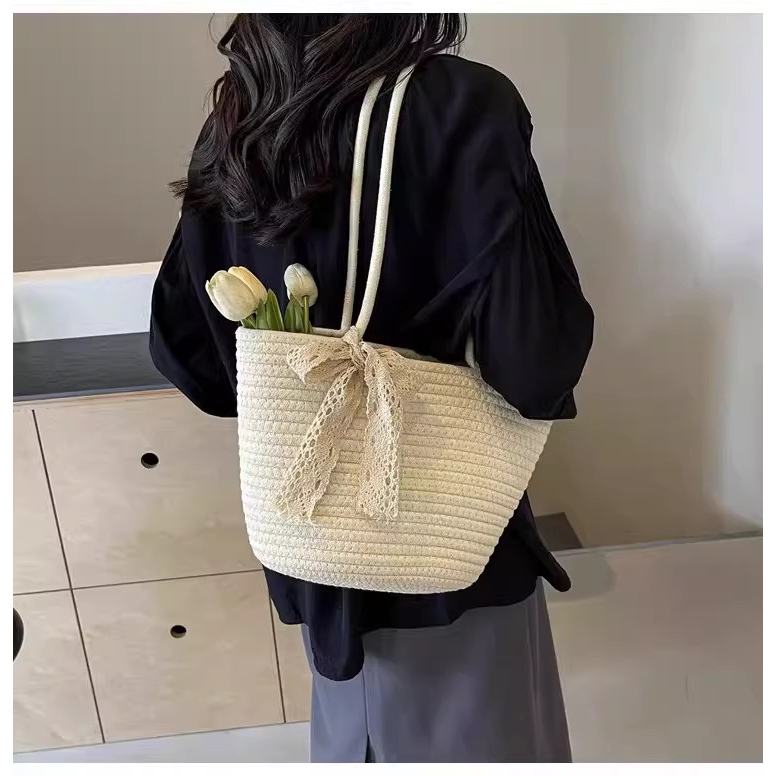 Beach Woven Bag, Straw Beach Bag, Large Capacity Shoulder Bag, 2026 New French Pastoral Vacation Style, Summer Jy