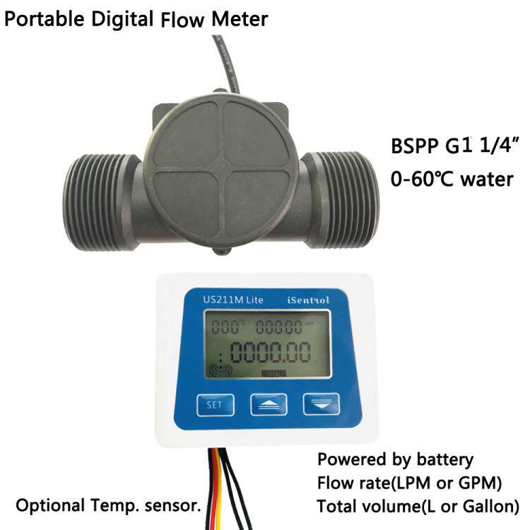 US211M Lite battery section Water flow meter YF-DN32 impeller water flow speed meter Meter Temperature Gauge