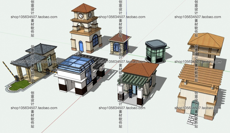 DB08120小区景区学校欧式中式厂区大门岗亭入口sketchup模型...-26