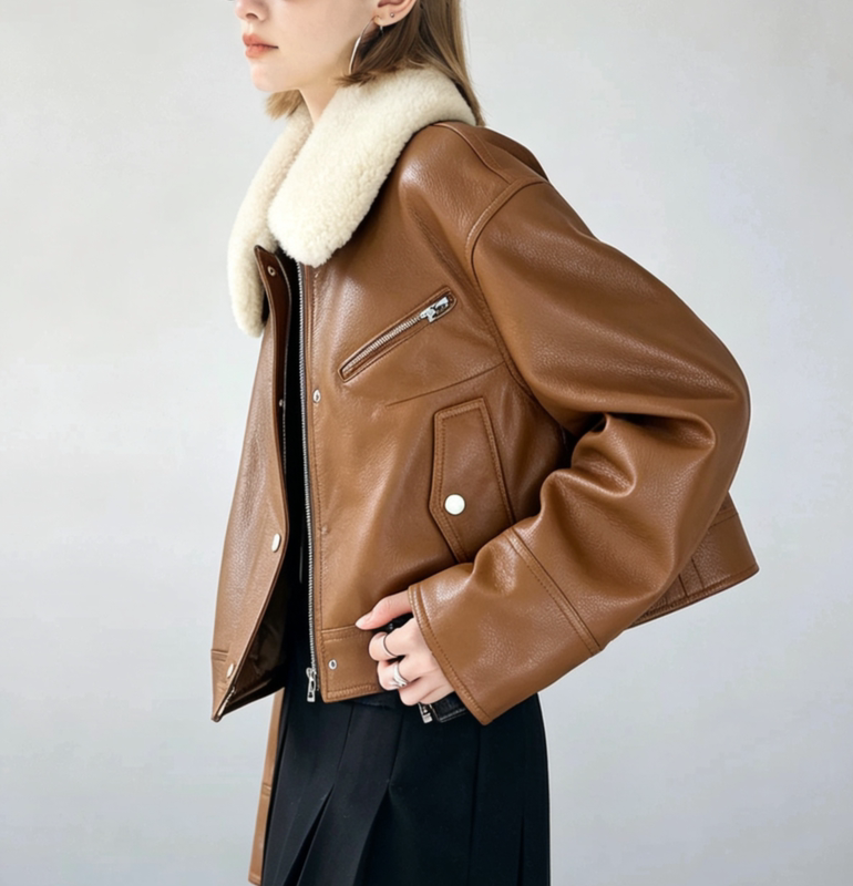 Autumn New Style Ha Pure Original Detachable Lamb Wool Collar Motorcycle Jacket Pu Leather Jacket Thin Cotton Padded Short Coat Top