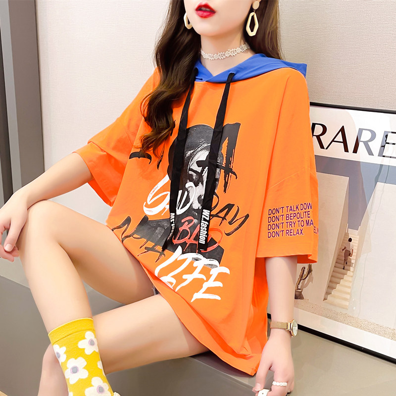 European station large size women's ins short-sleeved t-shirt summer Korean version loose mid-length Harajuku style hooded top body