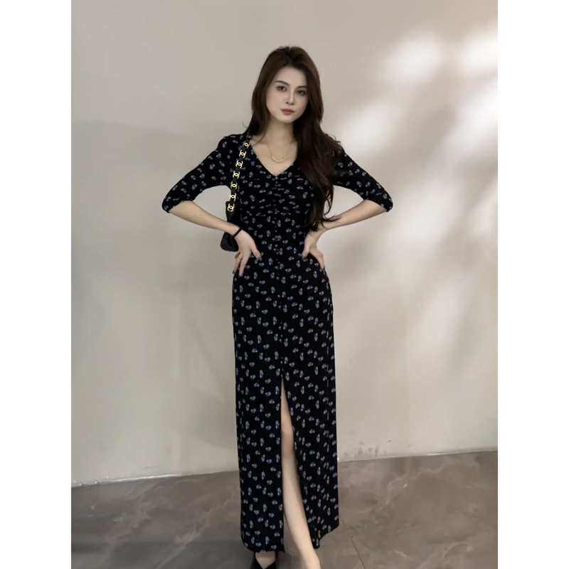 Song Song Summer New French Floral V-Neck Waist-Cinching Vintage Slit Slimming Dress Dt1965