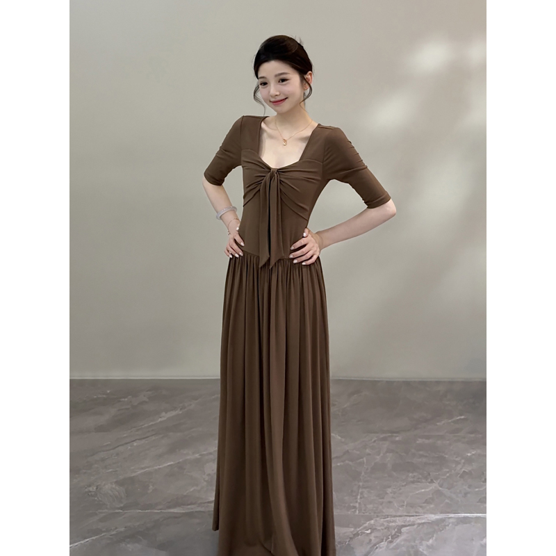 Song Song Summer New Style Waist-Slimming Mid-Sleeve Tie Elegant Patchwork Slim Dress Long Dress Dt2200