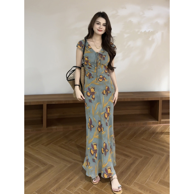 Daitingting Summer New Women's Printed Fashion Sleeveless Slim Waist Long Dress Dt2106