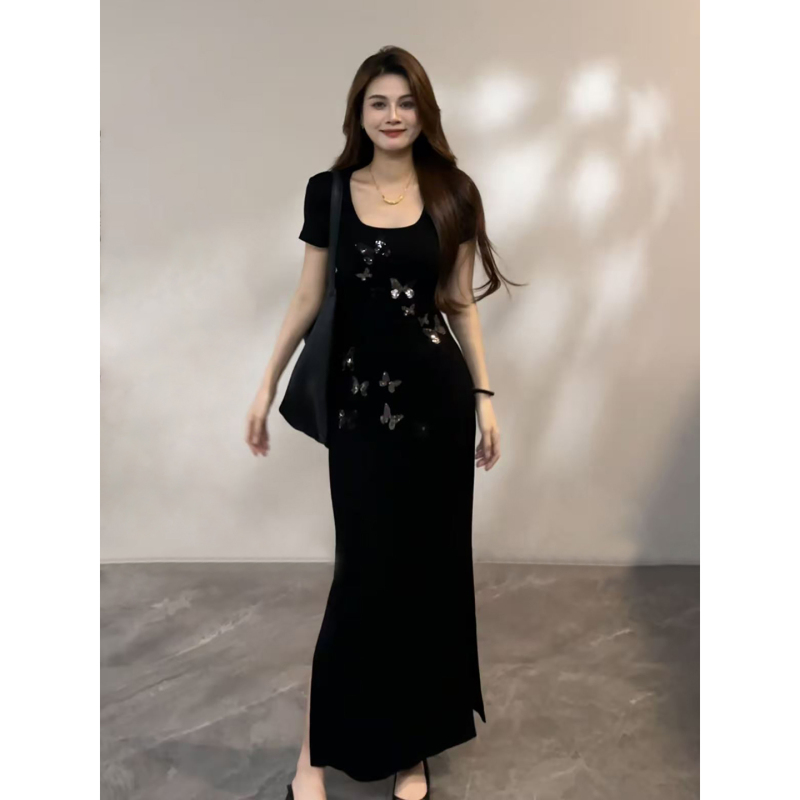 Daitingting Summer New Style Square Round Neck Butterfly Design Short Sleeve Waist-Cinching Slit Dress Long Dress Dt2126