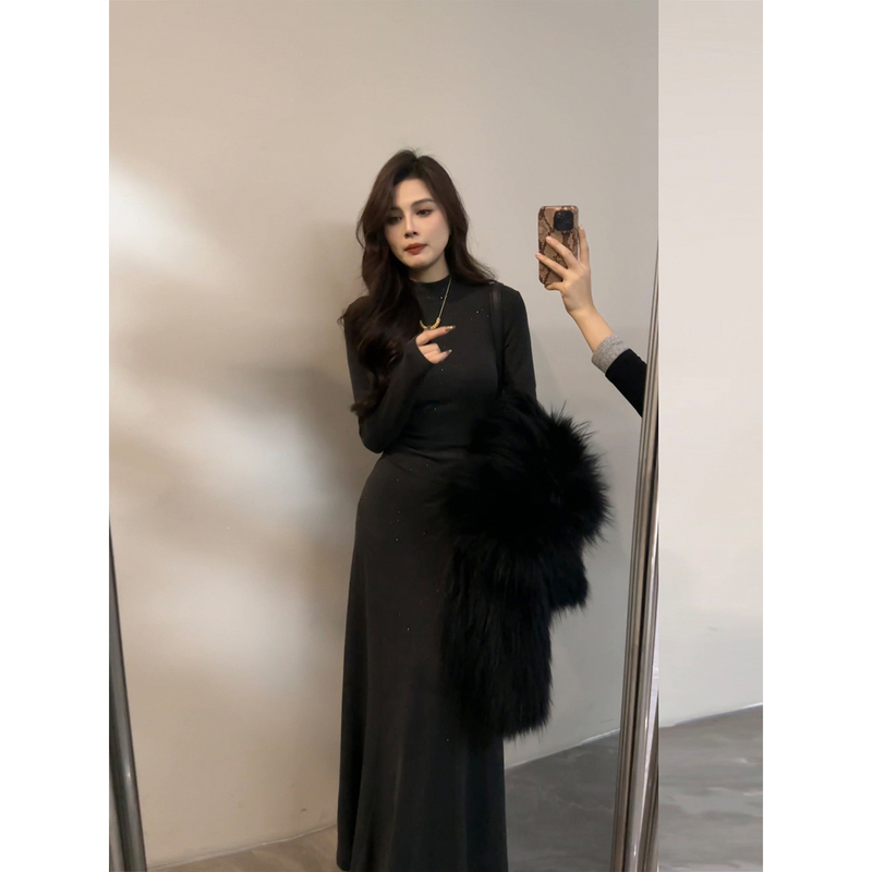 Daitingting French-Style Long Dress with Fine Glitter Embellishments, Designer Dress, Autumn and Winter Fashion Women's Dress Dt1783