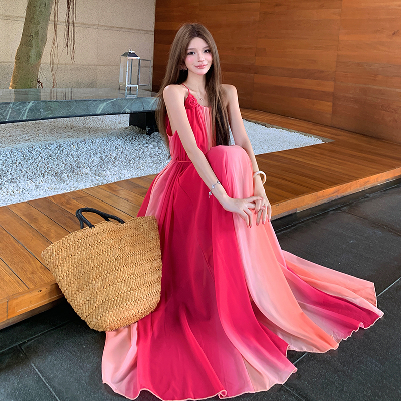 Atmospheric and Stunning Sunset Blush Tie-Dye Dress, Island Outfit, Super Fairy-Like, Large Hem, Spaghetti Strap, Long Loose Dress