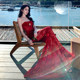 Pure Desire Red Lace Strapless Dress with Straps for Women, Backless Sexy Island Vacation Swimsuit Cover-Up, Fishtail Long Dress