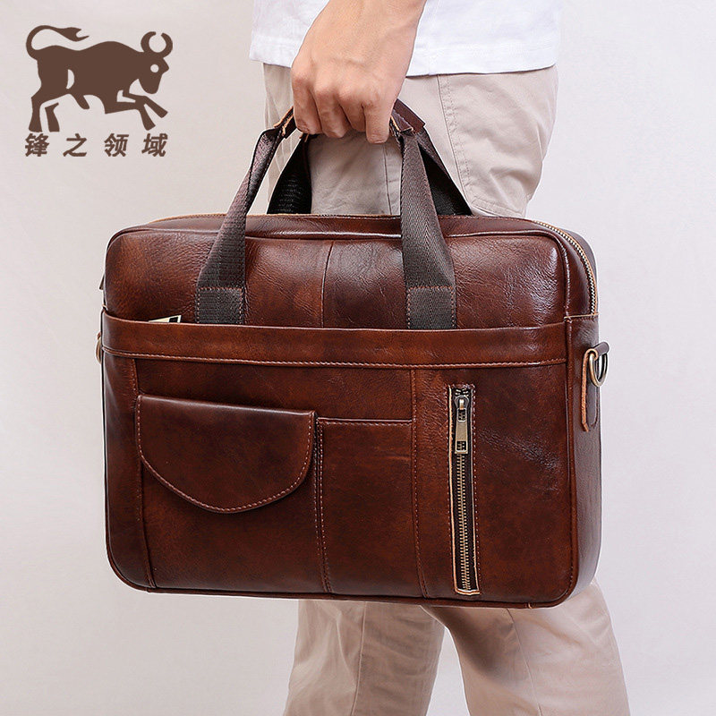 Men's Head Layer Cow Leather Briefcase Retro Handbag Crazy Mapleather Single Shoulder Inclined Satchel Bag Computer Bag Genuine Leather Business Bag