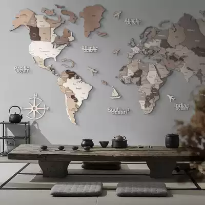 Solid Wood World Map Travel Map Nordic living room homestay background wall decoration wall wall decoration three-dimensional wall decoration