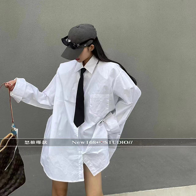 Shoulder-Padded White Shirt for Women, Mid-Length, Loose Fit, 2026 Spring and Autumn, Long-Sleeved, Plus Size, with Tie, European Style, Black Shoulder-Padded White Shirt for Women, Mid-Length, Loose Fit, 2026 Spring and Autumn, Long-Sleeved, Plus Size, with Tie, European Style, Black