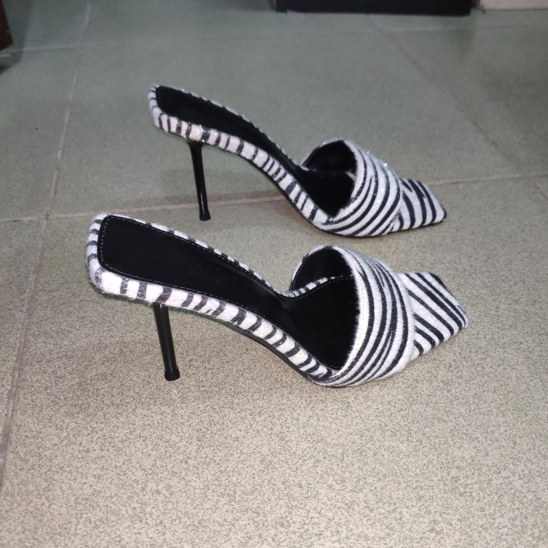 Yang Shulin's 2025 New Model Square-Toe Stiletto Zebra-Pattern One-Strap Stunning High-Heeled Sandals and Slippers for Women