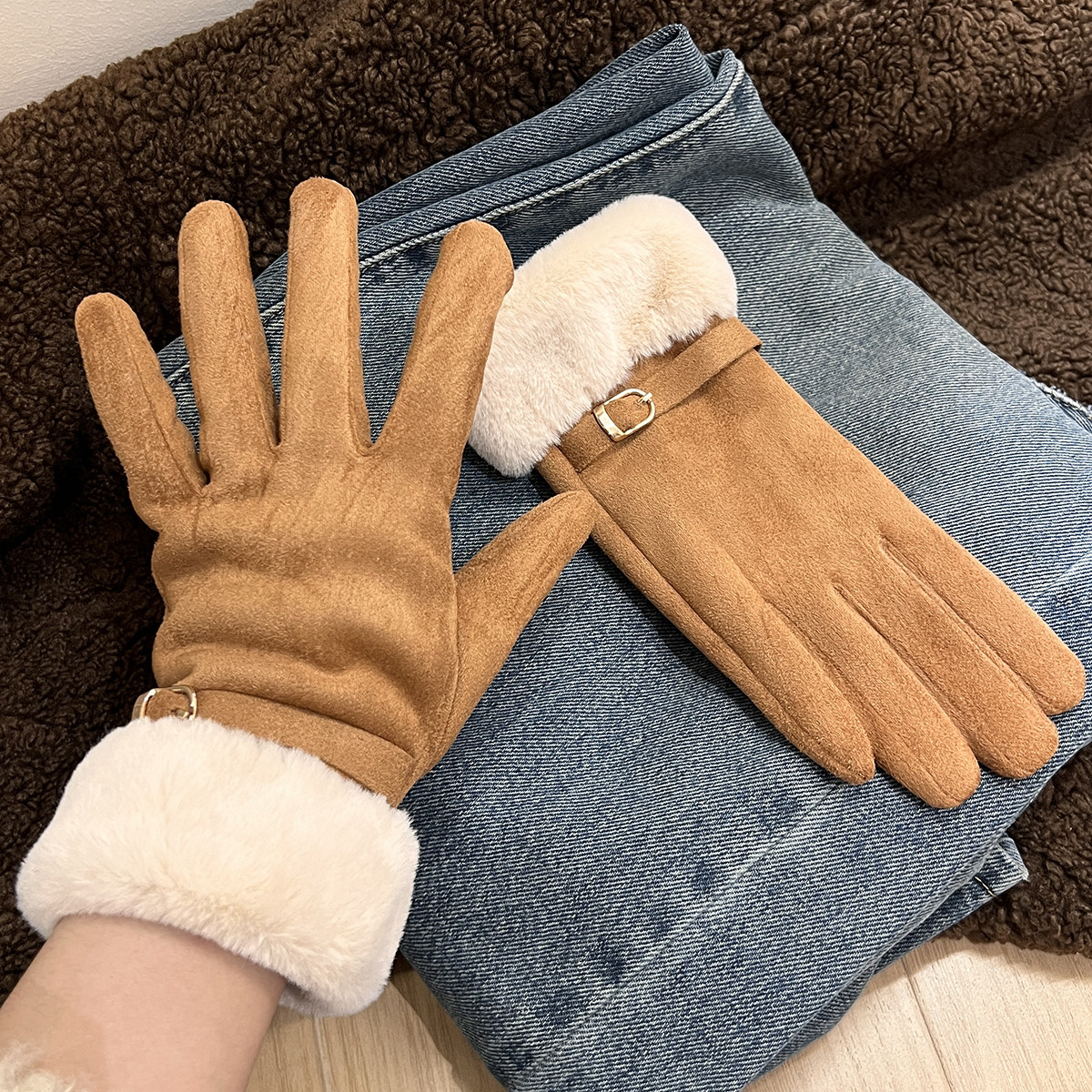 Women's Winter Gloves 2024 New Style, Fleece-Lined, Thickened, Warm, Windproof, Cold-Resistant, Suitable for Outdoor Cycling and Driving, Touchscreen Compatible, Five-Finger Design