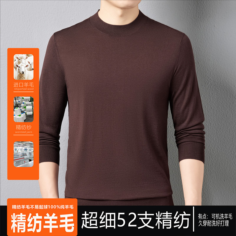Silk-Gloss Fine-Spun Machine-Washable 100% Merino Wool Spring and Autumn Men's Long-Sleeved Solid Color Thin Crew Neck Anti-Pilling Sweater
