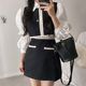 Liangliangjia minority temperament lapel puff sleeve shirt + contrasting vest + high waist skirt three-piece women