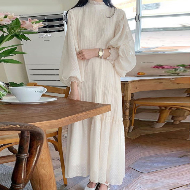 Korean chic ພາກຮຽນ spring ຫວານ temperament fungus edge stand-up collar pleated ເລັກນ້ອຍ see-through lantern sleeve polka dot dress ສໍາລັບແມ່ຍິງ