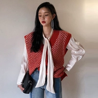 Thu đông Hàn Quốc kic retro hoa văn cổ chữ v cổ ngực đơn không tay đan áo len đan áo len nữ áo cardigan nữ