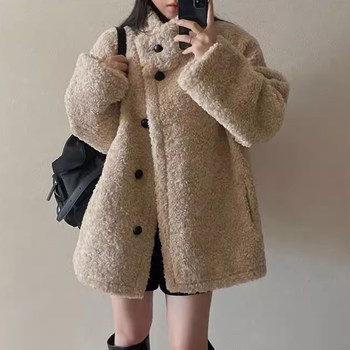 慵懒风立领圈圈毛纯色羊羔毛外套女2025冬季新款复古宽松棉服上衣