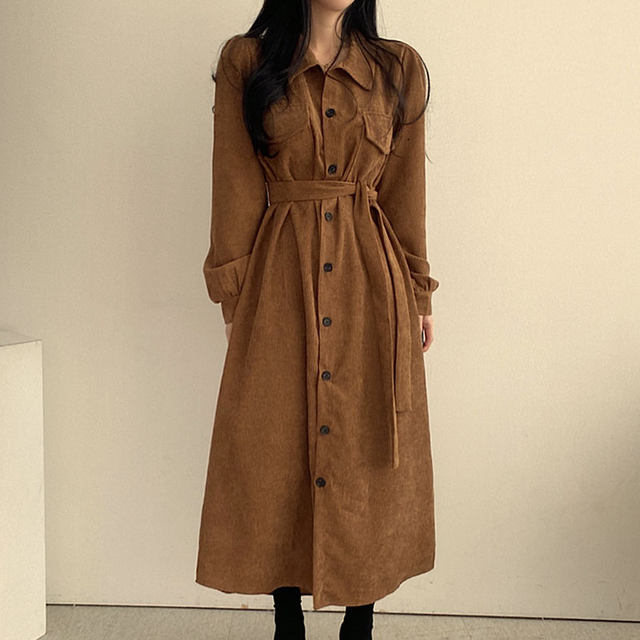 Korean chic autumn retro niche lapel single-breasted straps waist tooling shirt-style corduroy dress