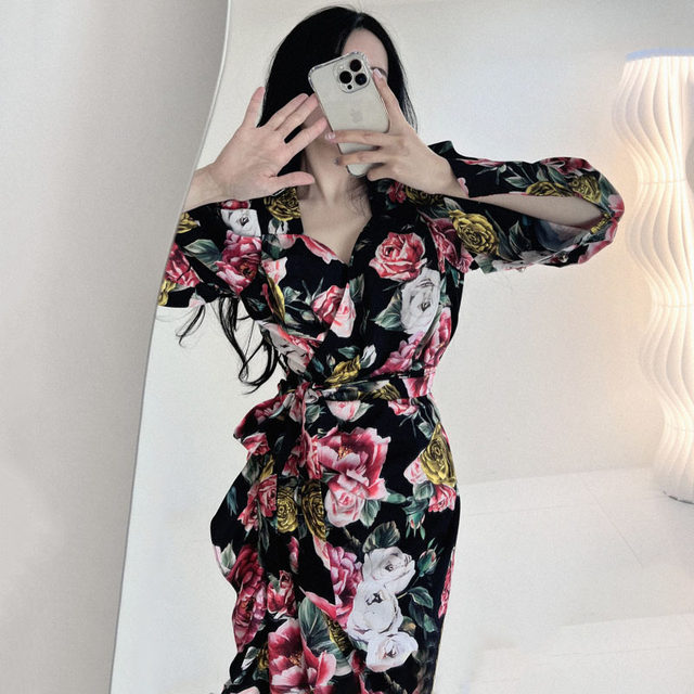 Korean chic temperament elegant cross v-neck tie waist color puff sleeve one-piece irregular dress