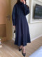 Korean chic spring niche retro high collar solid color splicing high waist slim long sleeve pleated dress long skirt for women