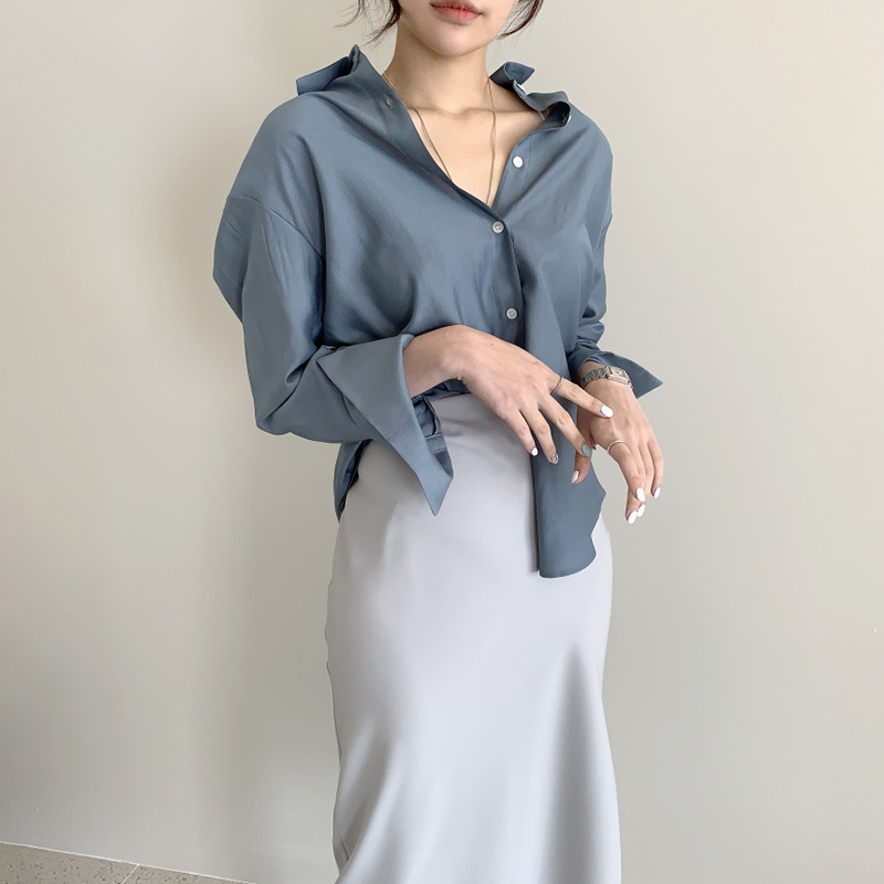 Lake Blue Shirtthe republic of korea chic autumn French grace tailored collar Single breasted Show thin Straight tube Over the knee Medium and long term Windbreaker loose coat female