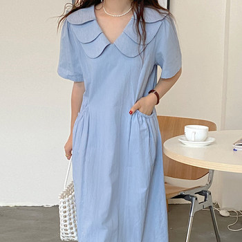 Korean chic spring gentle milk blue white petal collar loose large pocket short sleeve mid-length dress female