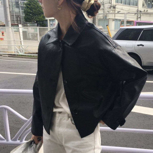 Korean chic autumn retro handsome lapel single-breasted loose casual long-sleeved motorcycle suit leather short jacket female