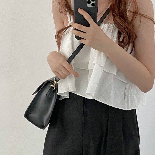 韓国ファッション 新しい到着 長袖シャツ 夏フランス式レトロ鎖骨露二重フリル純色ノースリーブキャミソールブラウス