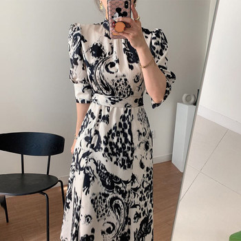 Korean chic early spring retro elegant stand collar slim waist puff sleeve mid-length abstract print dress women