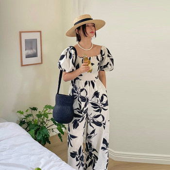 French high-end one-line collar floral jumpsuit women's summer new high-waist slim casual wide-leg pants long pants