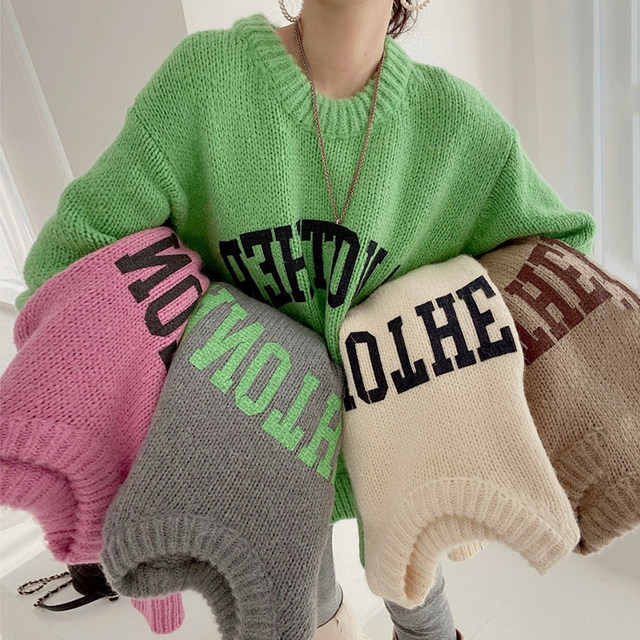 Korean chic foreign style candy-colored round neck letter print pullover loose skin-friendly long-sleeved thick knitted sweater women