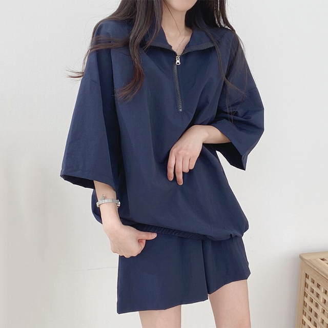 Korean chic all-match stand-up collar zipper pullover loose top + high-waist casual sports wide-leg shorts two-piece set