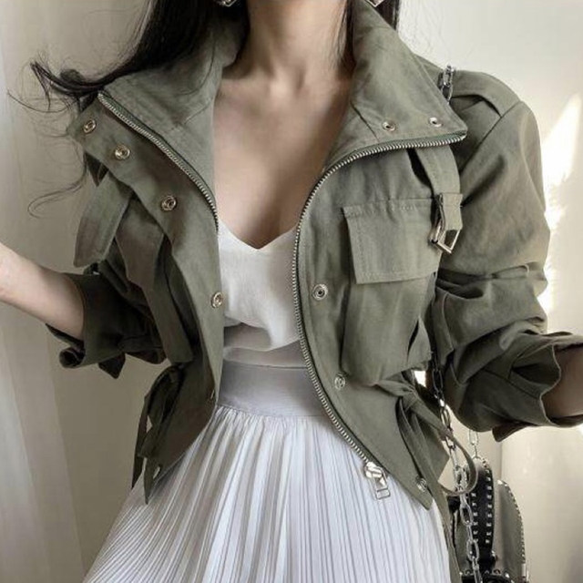 Korean chic autumn personality lapel zipper loose double pocket drawstring waist short tooling jacket women