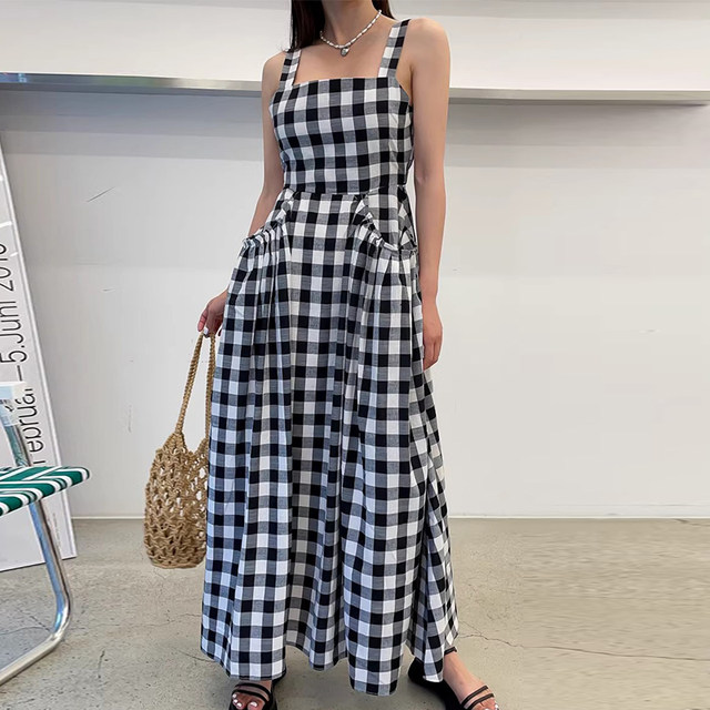 Korean chic summer retro niche square neck pocket high waist slim contrast plaid vest suspender dress for women