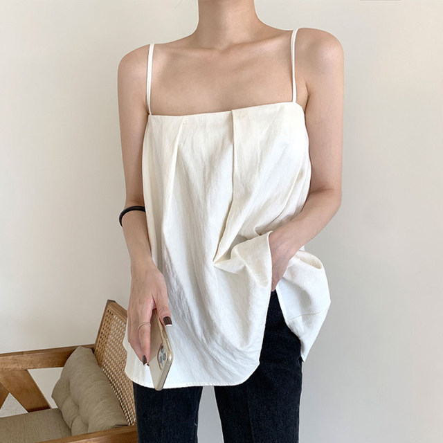 Korean chic summer French small sexy show thin leak collarbone loose pleated design solid color camisole women