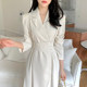 Korean chic spring temperament Hepburn style lapel waist slimming solid color long-sleeved knee-length suit dress