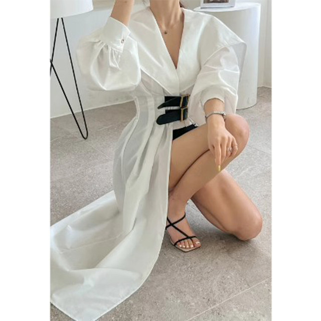 Korean chic autumn elegant temperament large lapel slit double belt waist slimming long A-line dress for women