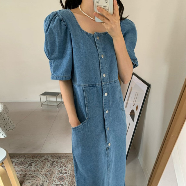 Korean chic spring retro slim square collar single-breasted loose double-pocket puff sleeve denim dress women