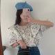 Korean chic summer fresh and simple round neck lotus leaf trim puff sleeves loose chiffon full screen floral shirt