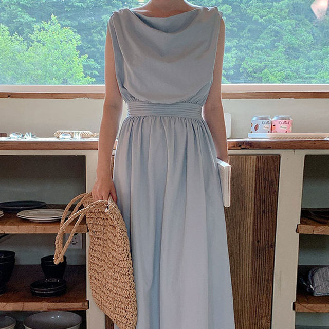 Korean chic summer niche milk soft blue pile collar waist slim sleeveless vest large swing dress long skirt