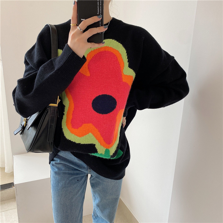 Round Neck Long-Sleeved Pullover Large Flowers Loose Sweater NSSX73207