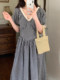 Korean chic summer French retro lace V-neck splicing high-waist slim short-sleeved plaid tea break dress for women