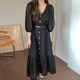 Korean chic retro temperament V-neck lace hollow crochet single-breasted puff-sleeve dress skirt long with belt