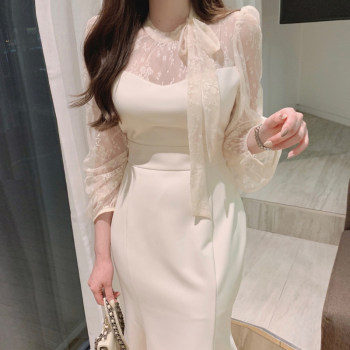 Korean chic French elegant round neck lace hook flower spell back bow long fishtail dress women