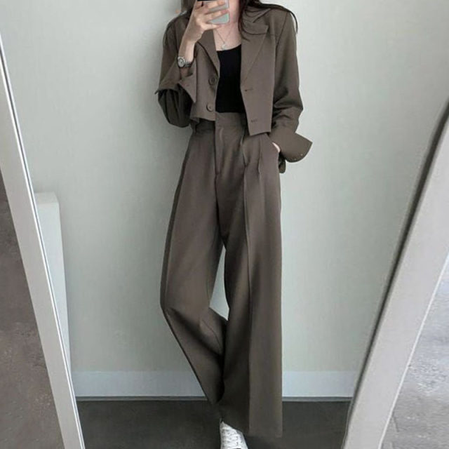 Korean chic retro lapel two button loose suit short jacket + high waist wide leg trousers trousers suit female