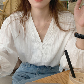 Korean chic Western-style gentle lace stitching design V-neck wrap button loose puff sleeve shirt top